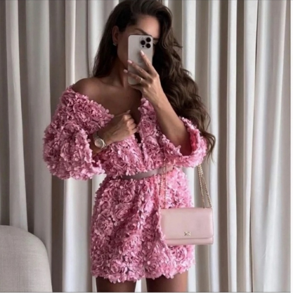 Zara Pink Floral Textured Knit Coat